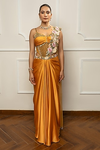 Mustard Yellow Satin & Net Embroidered Draped Saree Set by Isha Regalia