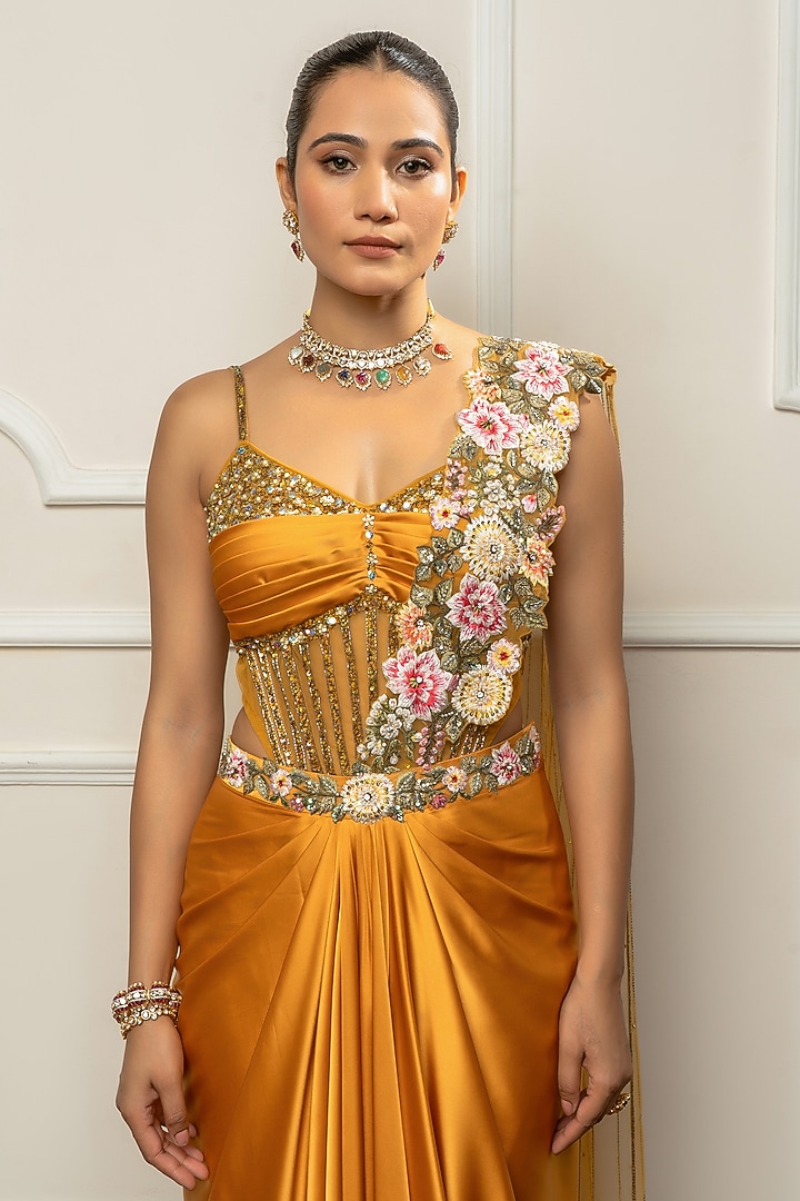 Mustard Yellow Satin & Net Embroidered Draped Wedding Saree Set by Isha Regalia at Pernia's Pop Up Shop