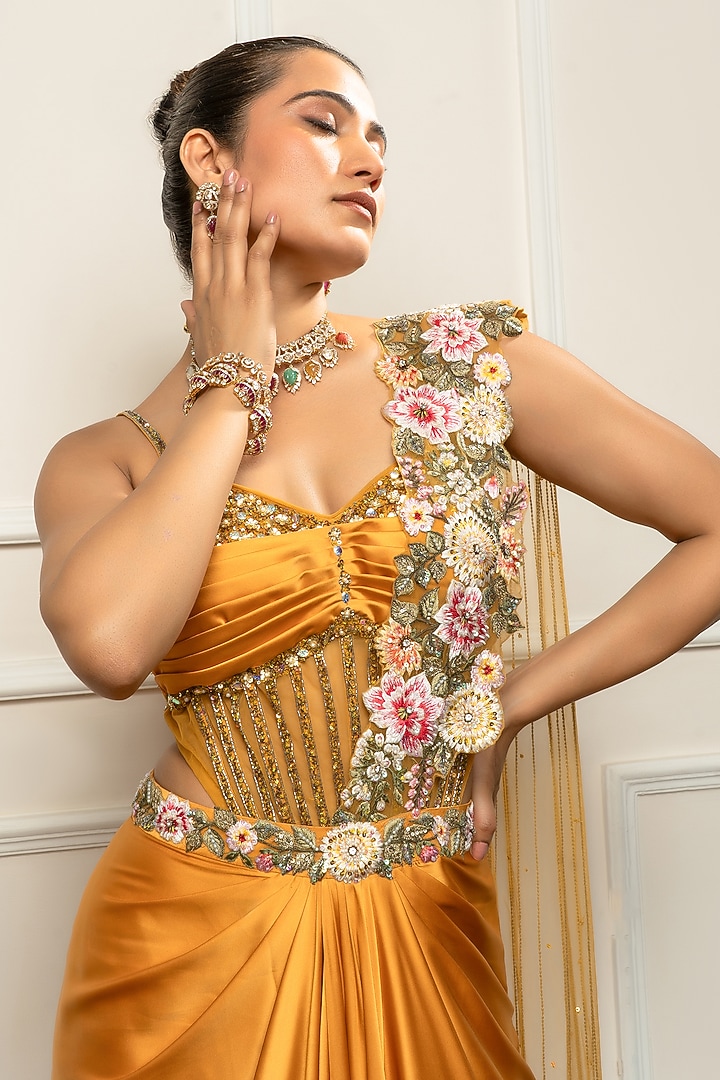 Mustard Yellow Satin & Net Embroidered Draped Wedding Saree Set by Isha Regalia at Pernia's Pop Up Shop