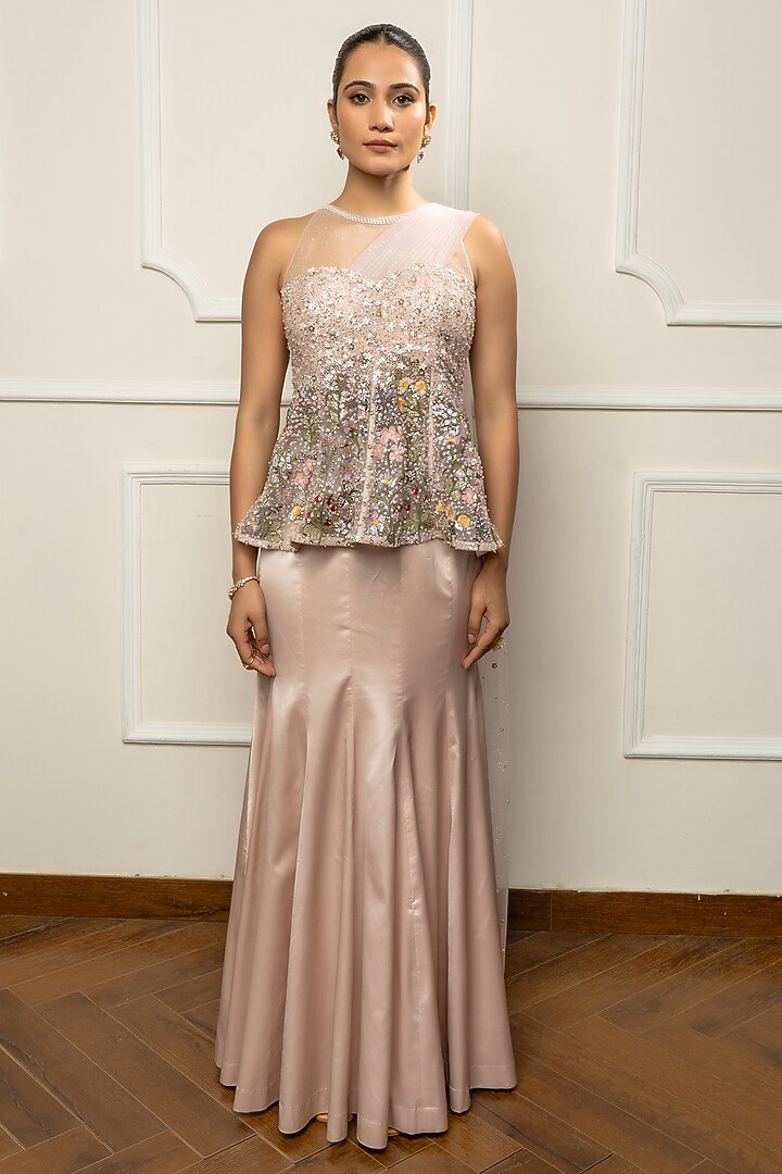 Beige Satin & Net Skirt Set by Isha Regalia at Pernia's Pop Up Shop