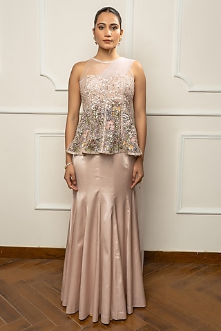 Beige Satin & Net Skirt Set by Isha Regalia