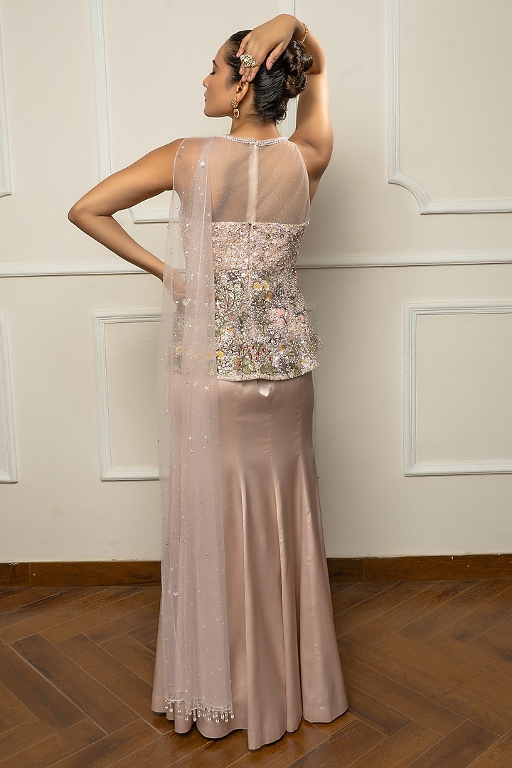 Beige Satin & Net Skirt Set by Isha Regalia at Pernia's Pop Up Shop