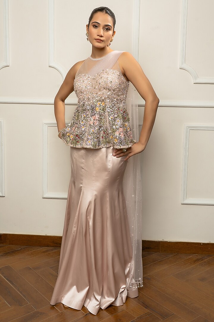Beige Satin & Net Skirt Set by Isha Regalia at Pernia's Pop Up Shop