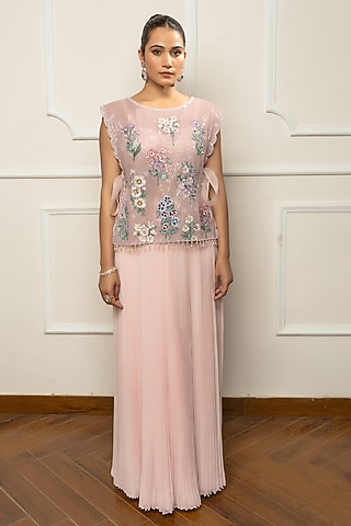Pink Satin & Net Pleated Skirt Set by Isha Regalia