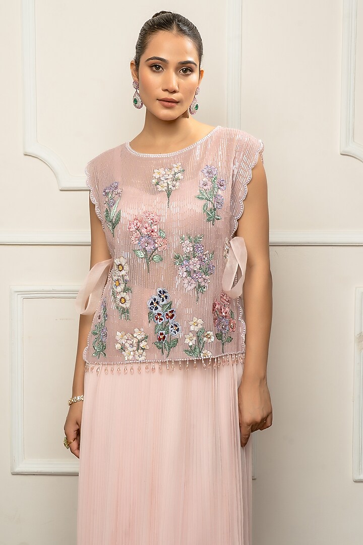 Pink Satin & Net Pleated Skirt Set by Isha Regalia at Pernia's Pop Up Shop