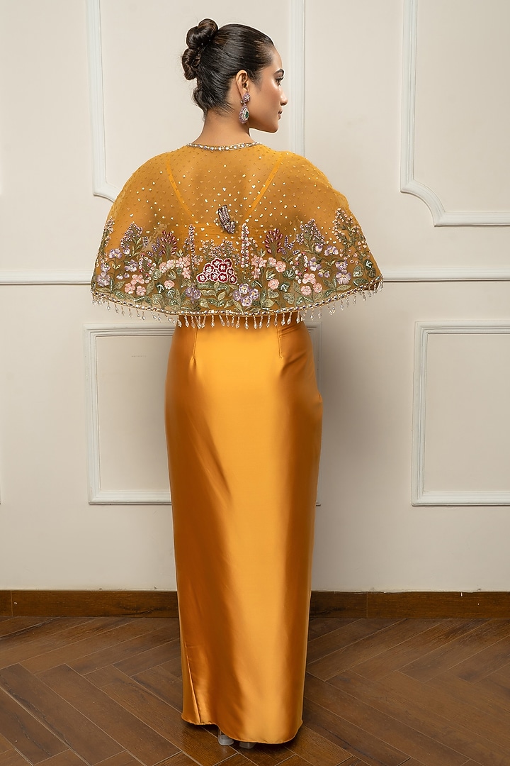 Mustard Yellow Satin Draped Skirt Set by Isha Regalia at Pernia's Pop Up Shop