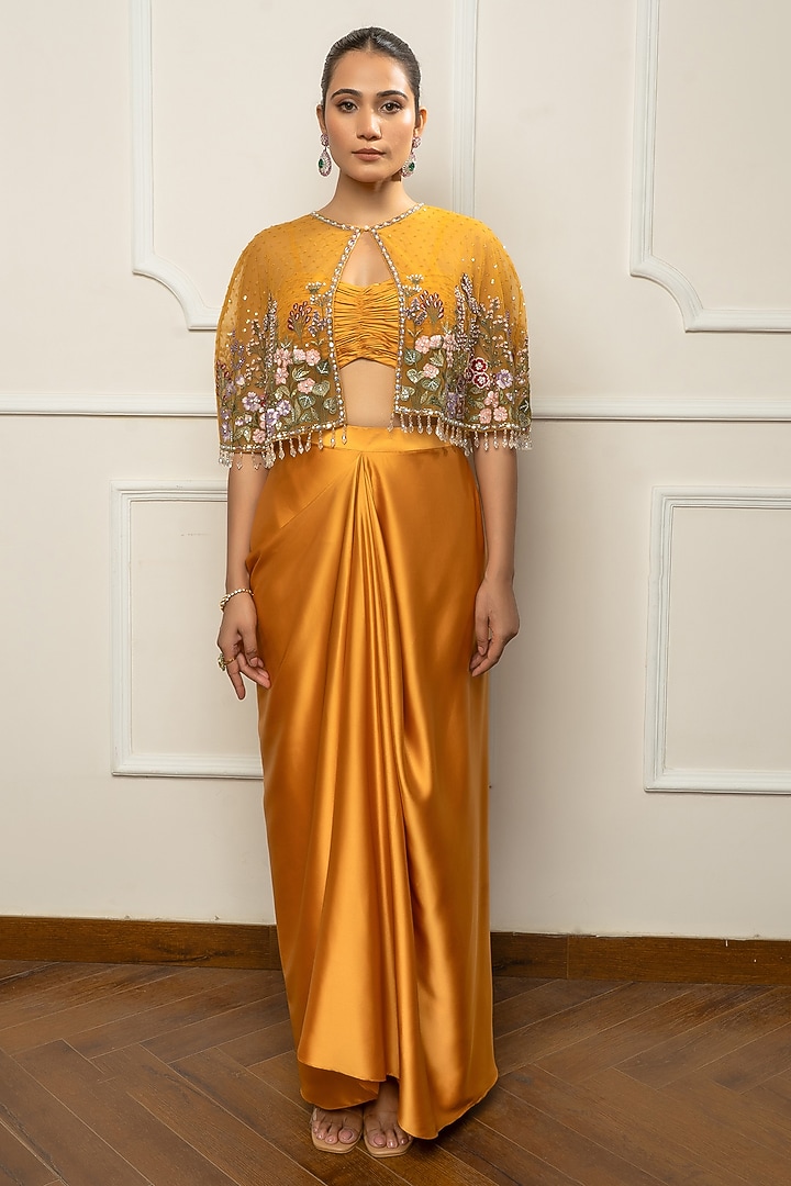 Mustard Yellow Satin Draped Skirt Set by Isha Regalia at Pernia's Pop Up Shop