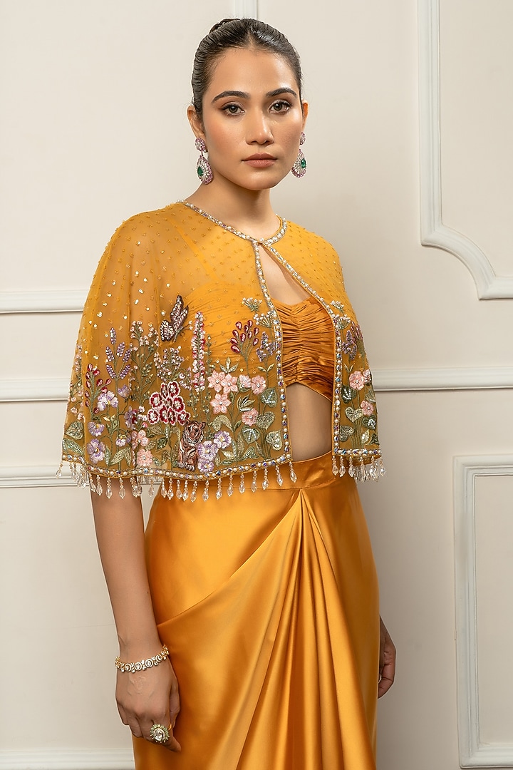 Mustard Yellow Satin Draped Skirt Set by Isha Regalia at Pernia's Pop Up Shop