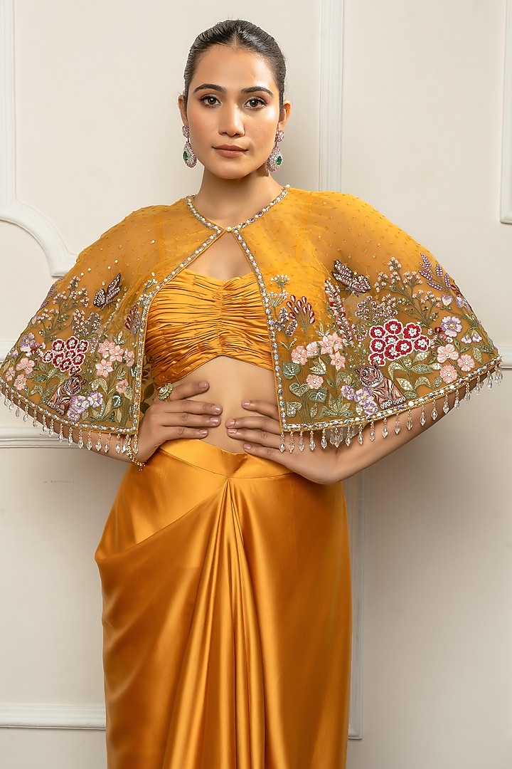 Mustard Yellow Satin Draped Skirt Set by Isha Regalia at Pernia's Pop Up Shop