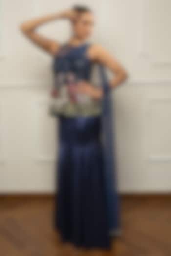 Navy Blue Satin & Net Embroidered Draped Wedding Saree Set by Isha Regalia at Pernia's Pop Up Shop