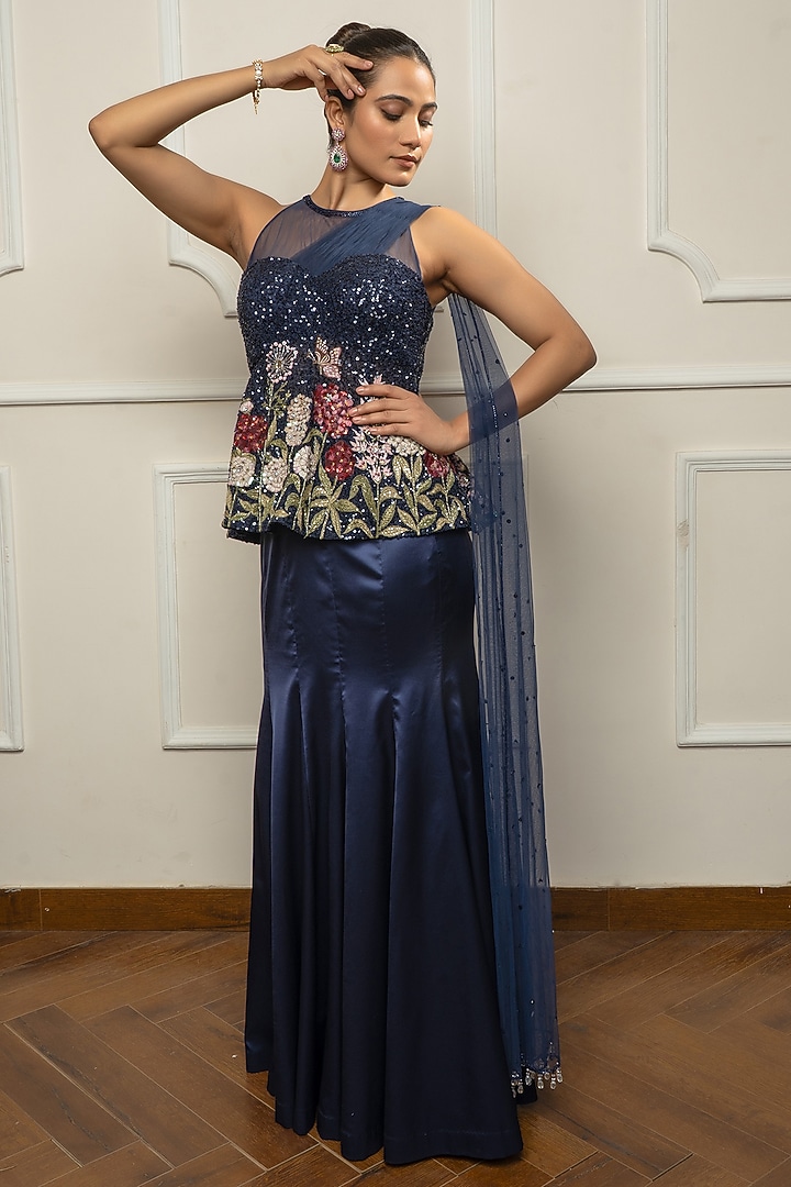 Navy Blue Satin & Net Embroidered Draped Wedding Saree Set by Isha Regalia at Pernia's Pop Up Shop