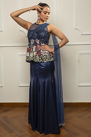 Navy Blue Satin & Net Embroidered Draped Saree Set by Isha Regalia