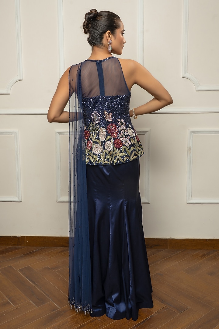 Navy Blue Satin & Net Embroidered Draped Wedding Saree Set by Isha Regalia at Pernia's Pop Up Shop