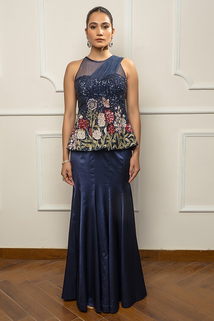 Navy Blue Satin & Net Embroidered Draped Wedding Saree Set by Isha Regalia at Pernia's Pop Up Shop