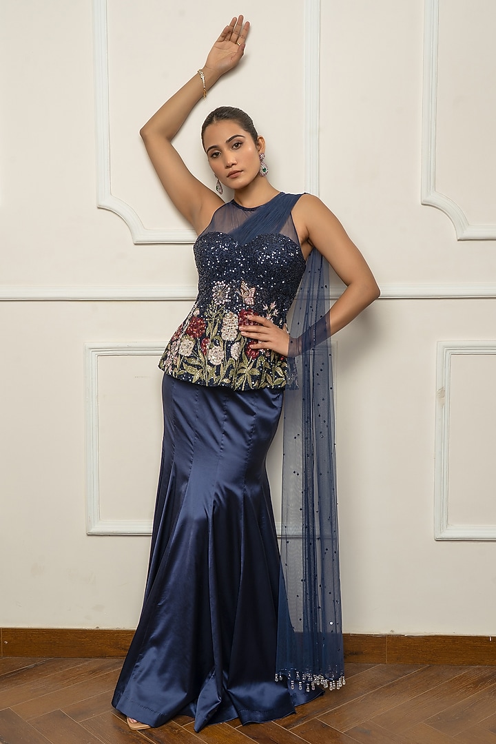 Navy Blue Satin & Net Embroidered Draped Wedding Saree Set by Isha Regalia at Pernia's Pop Up Shop
