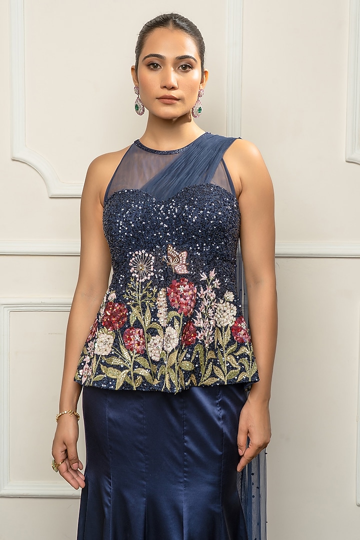 Navy Blue Satin & Net Embroidered Draped Wedding Saree Set by Isha Regalia at Pernia's Pop Up Shop