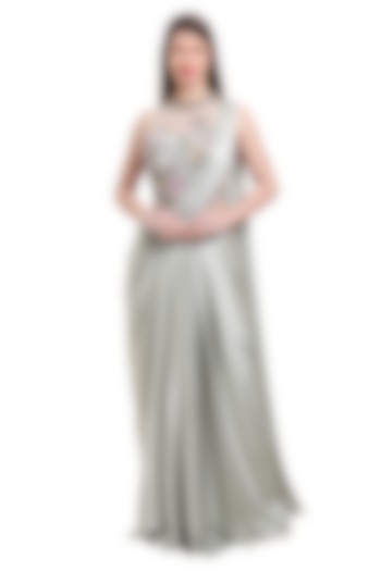 Sage Green Satin & Net Pre-Draped Wedding Saree Set by Isha Regalia at Pernia's Pop Up Shop