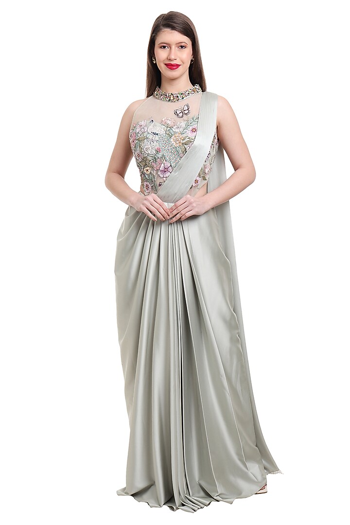 Sage Green Satin & Net Pre-Draped Wedding Saree Set by Isha Regalia at Pernia's Pop Up Shop