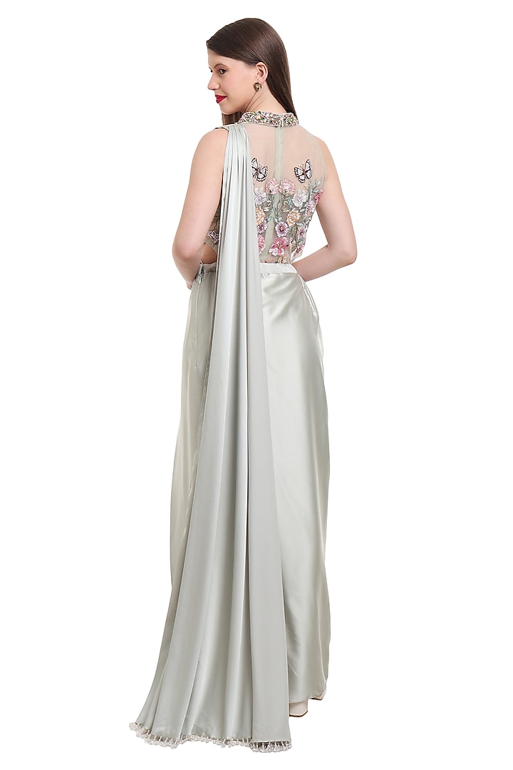 Sage Green Satin & Net Pre-Draped Wedding Saree Set by Isha Regalia at Pernia's Pop Up Shop