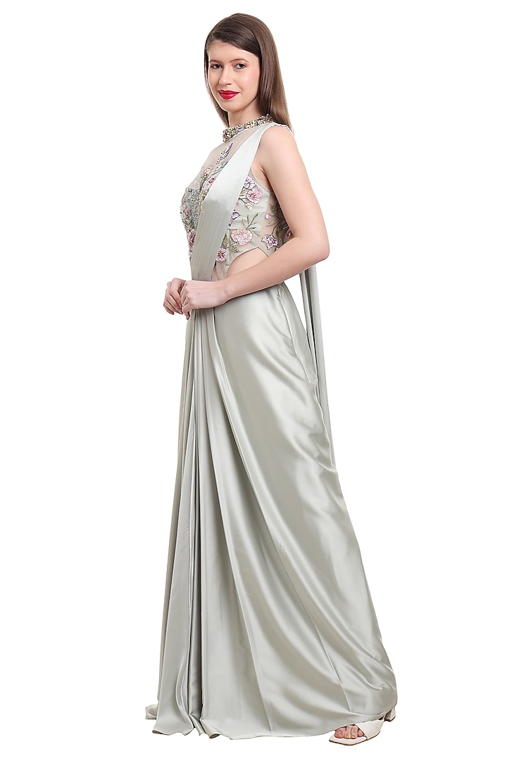 Sage Green Satin & Net Pre-Draped Wedding Saree Set by Isha Regalia at Pernia's Pop Up Shop