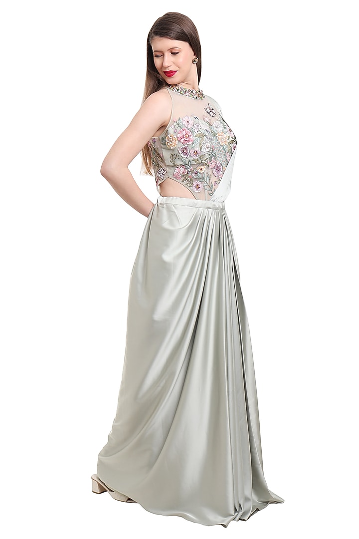 Sage Green Satin & Net Pre-Draped Wedding Saree Set by Isha Regalia at Pernia's Pop Up Shop