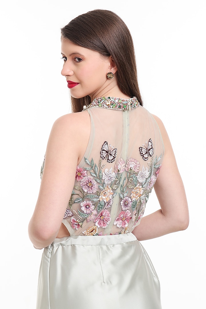 Sage Green Satin & Net Pre-Draped Wedding Saree Set by Isha Regalia at Pernia's Pop Up Shop