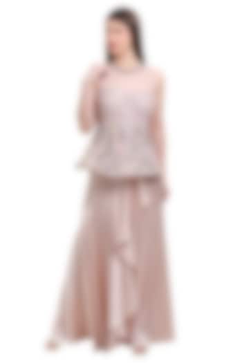 Beige Satin Draped Ruffled Skirt Set by Isha Regalia at Pernia's Pop Up Shop