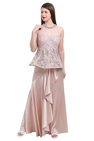 Beige Satin Draped Ruffled Skirt Set by Isha Regalia