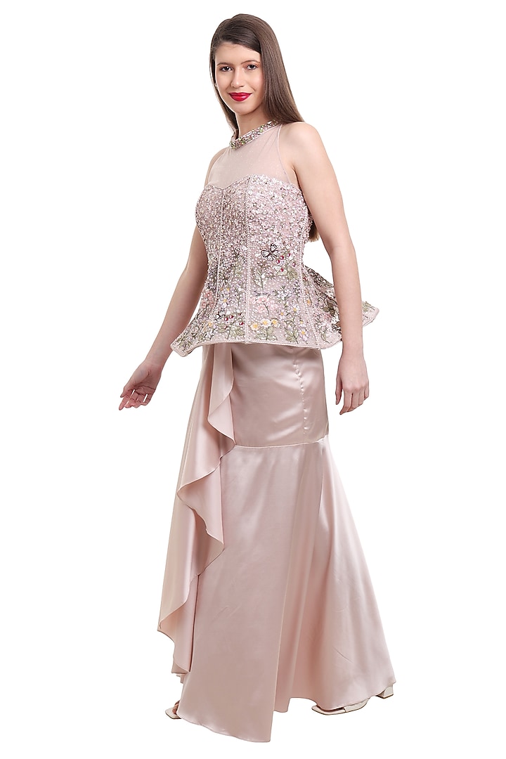 Beige Satin Draped Ruffled Skirt Set by Isha Regalia at Pernia's Pop Up Shop