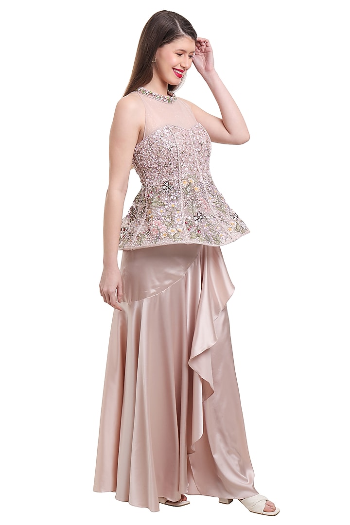 Beige Satin Draped Ruffled Skirt Set by Isha Regalia at Pernia's Pop Up Shop