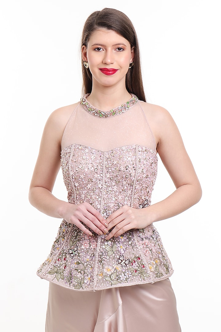 Beige Satin Draped Ruffled Skirt Set by Isha Regalia at Pernia's Pop Up Shop