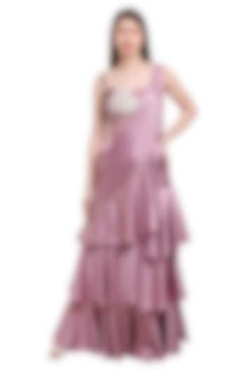 Mauve Satin & Net Pre-Draped Ruffled Wedding Saree Set by Isha Regalia at Pernia's Pop Up Shop