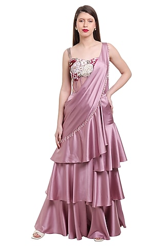 Mauve Satin & Net Pre-Draped Ruffled Saree Set by Isha Regalia