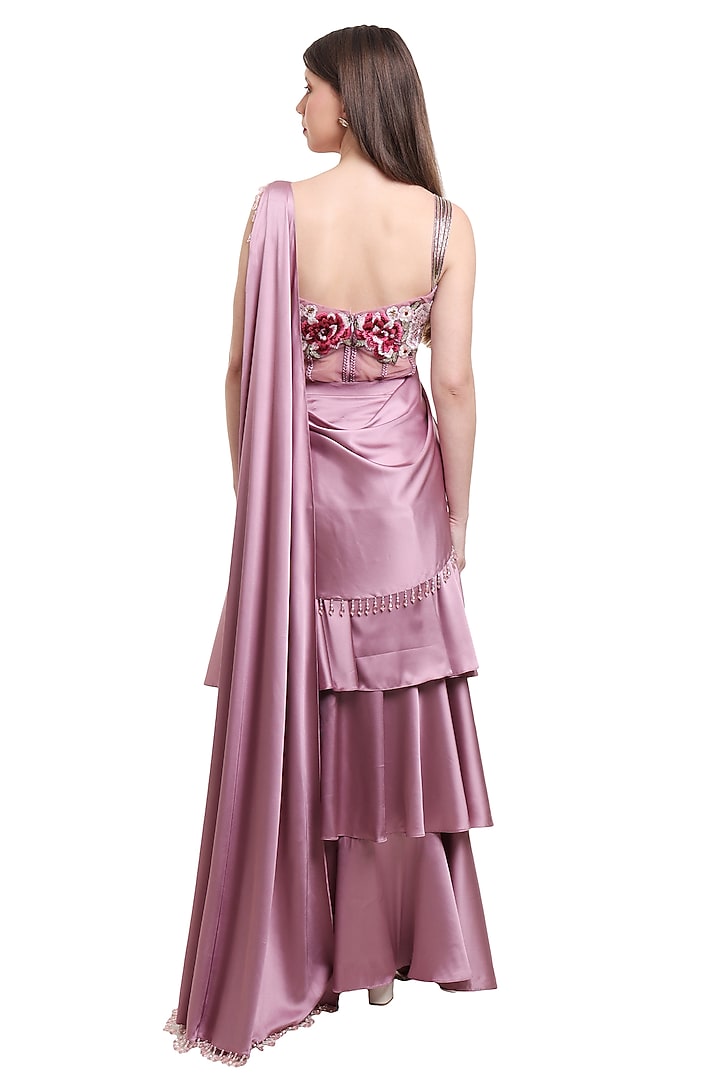 Mauve Satin & Net Pre-Draped Ruffled Wedding Saree Set by Isha Regalia at Pernia's Pop Up Shop