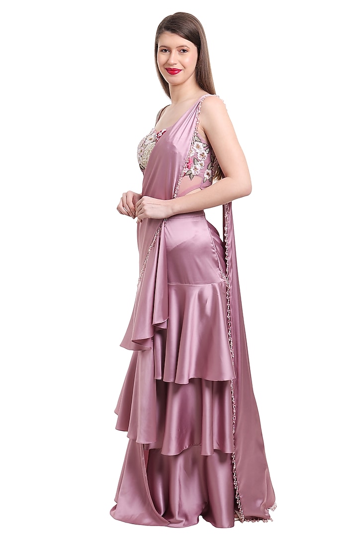 Mauve Satin & Net Pre-Draped Ruffled Wedding Saree Set by Isha Regalia at Pernia's Pop Up Shop