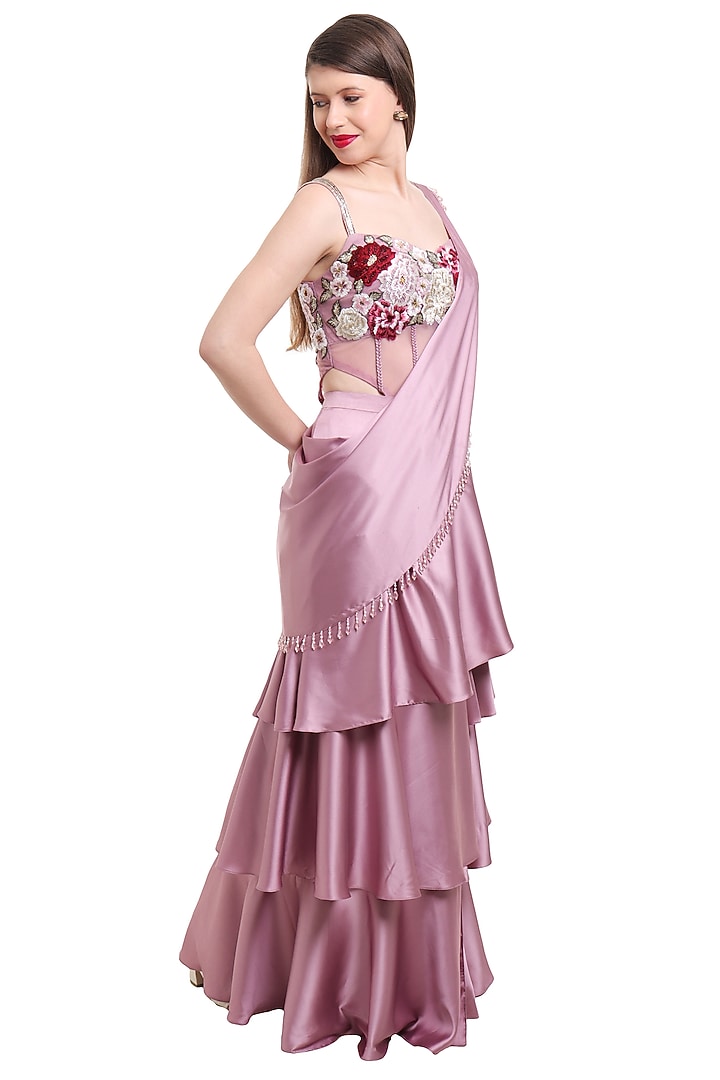 Mauve Satin & Net Pre-Draped Ruffled Wedding Saree Set by Isha Regalia at Pernia's Pop Up Shop