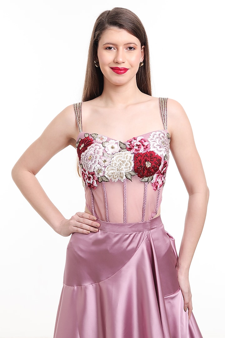 Mauve Satin & Net Pre-Draped Ruffled Wedding Saree Set by Isha Regalia at Pernia's Pop Up Shop