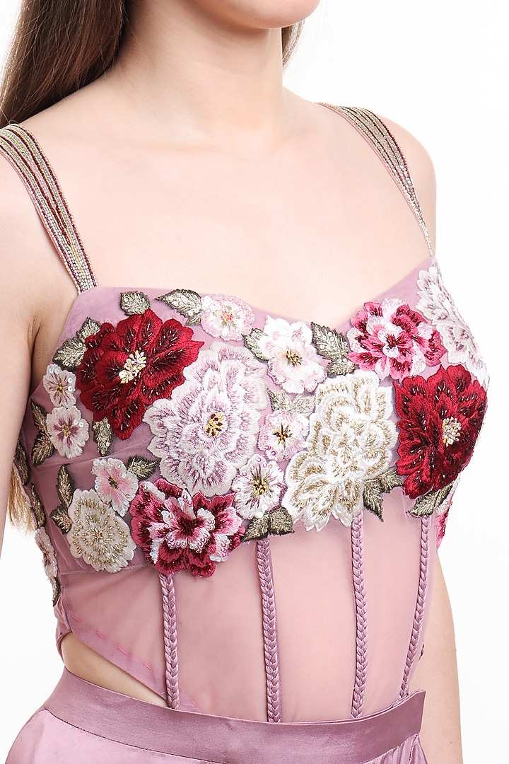 Mauve Satin & Net Pre-Draped Ruffled Wedding Saree Set by Isha Regalia at Pernia's Pop Up Shop
