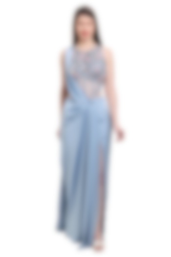 Dusty Blue Satin & Net Pre-Draped Wedding Saree Set by Isha Regalia at Pernia's Pop Up Shop