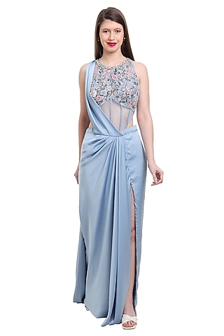 Dusty Blue Satin & Net Pre-Draped Saree Set by Isha Regalia