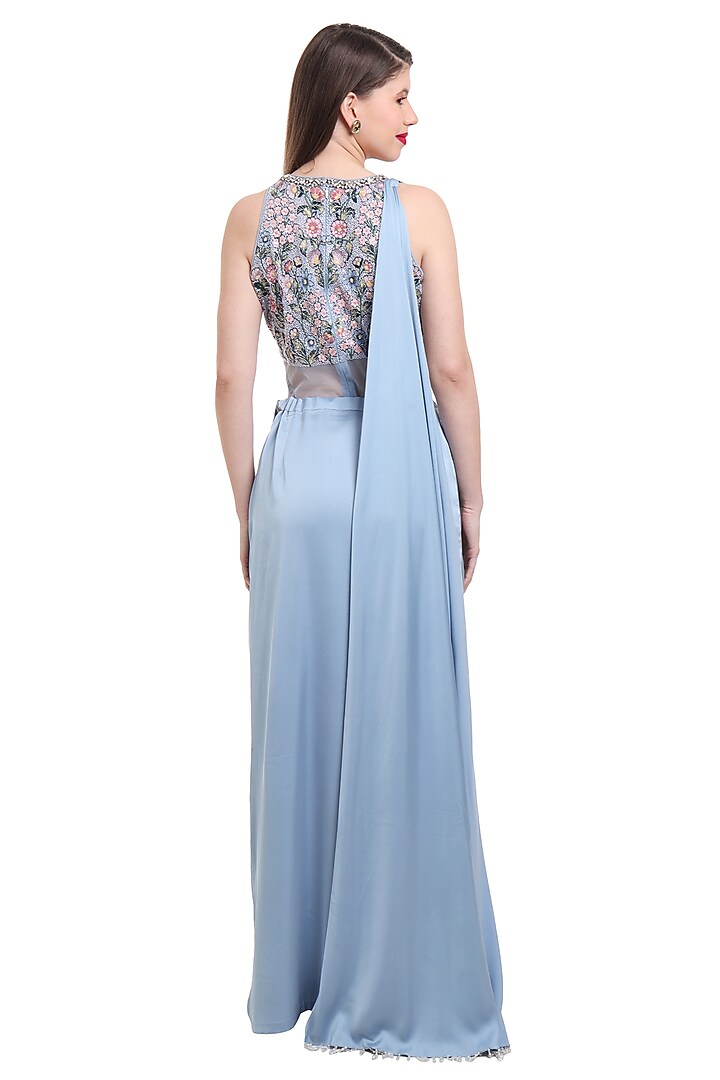 Dusty Blue Satin & Net Pre-Draped Wedding Saree Set by Isha Regalia at Pernia's Pop Up Shop