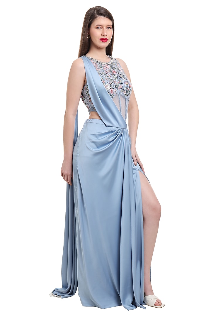 Dusty Blue Satin & Net Pre-Draped Wedding Saree Set by Isha Regalia at Pernia's Pop Up Shop