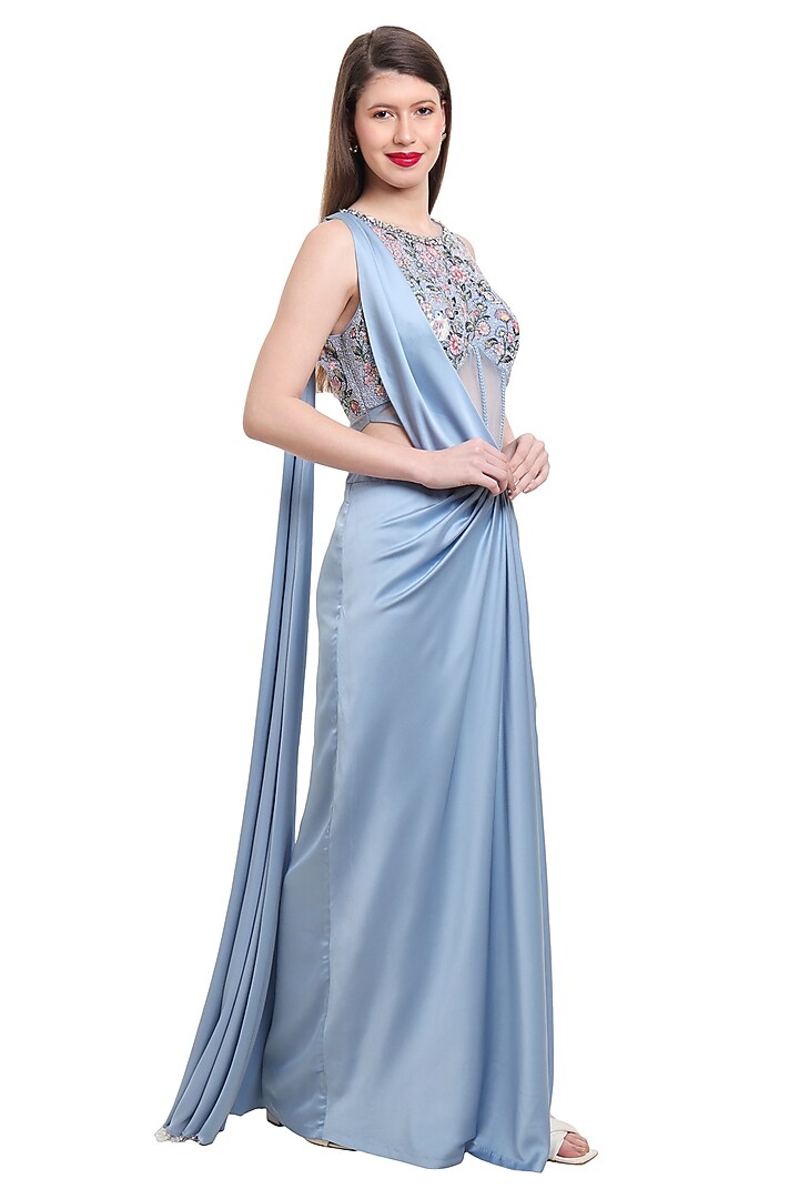Dusty Blue Satin & Net Pre-Draped Wedding Saree Set by Isha Regalia at Pernia's Pop Up Shop