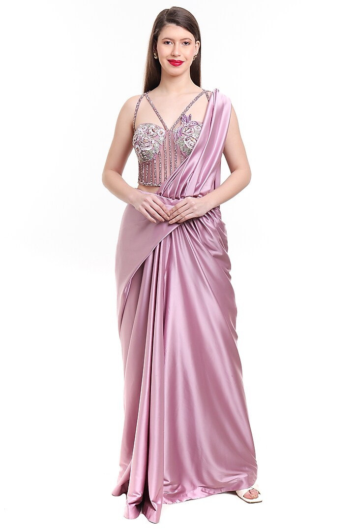 Mauve Satin & Net Pre-Draped Wedding Saree Set by Isha Regalia at Pernia's Pop Up Shop
