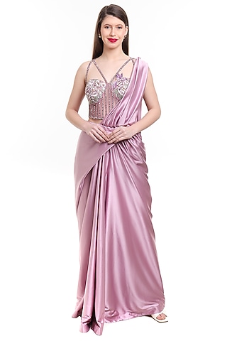 Mauve Satin & Net Pre-Draped Saree Set by Isha Regalia