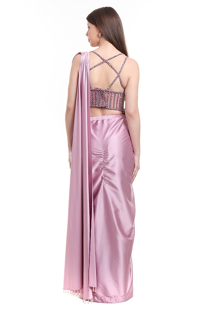 Mauve Satin & Net Pre-Draped Wedding Saree Set by Isha Regalia at Pernia's Pop Up Shop