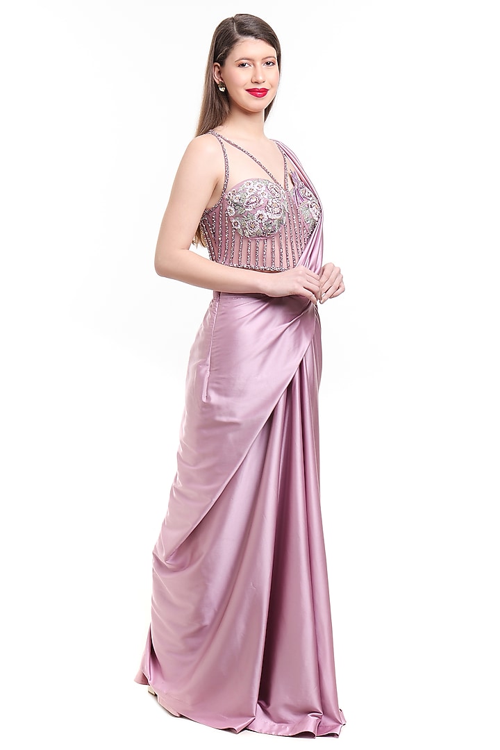 Mauve Satin & Net Pre-Draped Wedding Saree Set by Isha Regalia at Pernia's Pop Up Shop