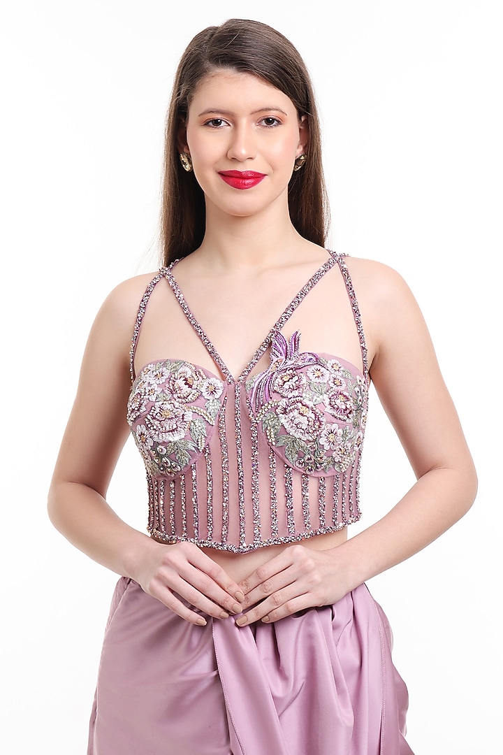 Mauve Satin & Net Pre-Draped Wedding Saree Set by Isha Regalia at Pernia's Pop Up Shop