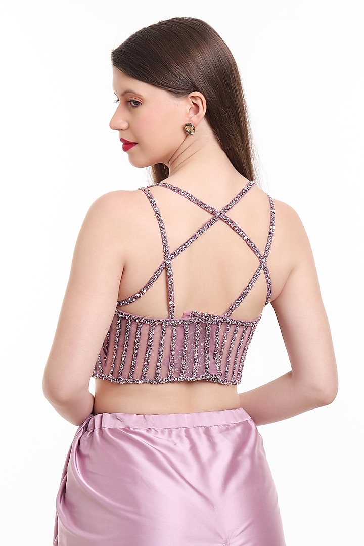 Mauve Satin & Net Pre-Draped Wedding Saree Set by Isha Regalia at Pernia's Pop Up Shop