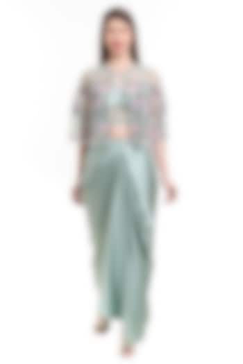 Mist Jade Green Satin Draped Skirt Set by Isha Regalia at Pernia's Pop Up Shop